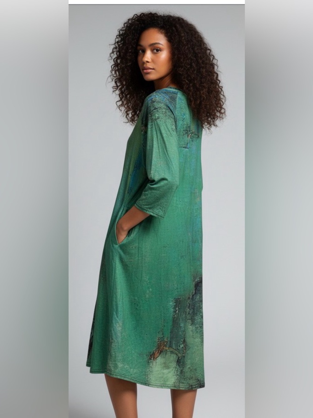 3 Potato Green Art-Print Midi Dress with Side Pockets size Medium - Picture 3 of 6